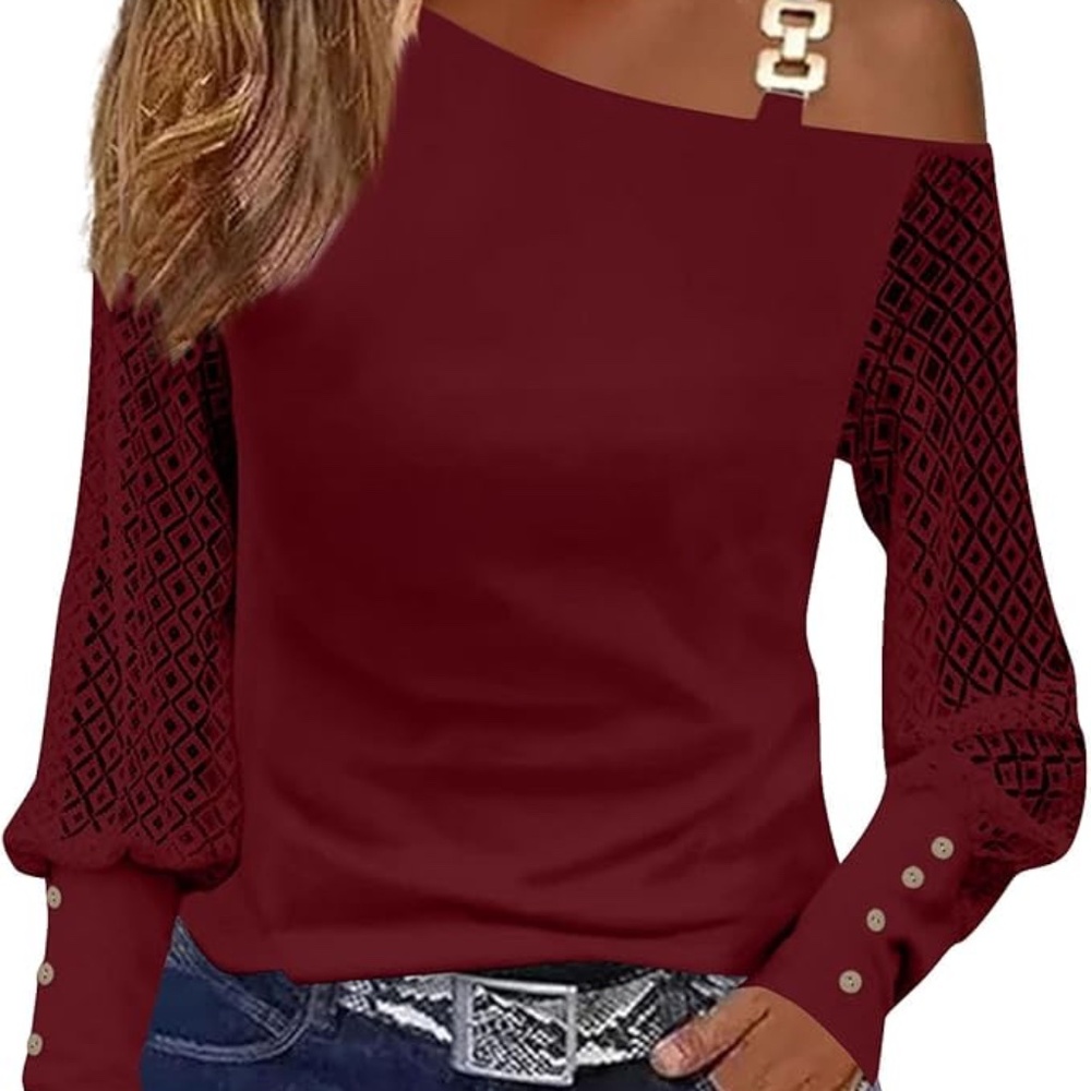 Women’s off the shoulder hollow out lace puff sleeve top dressy casual size XL